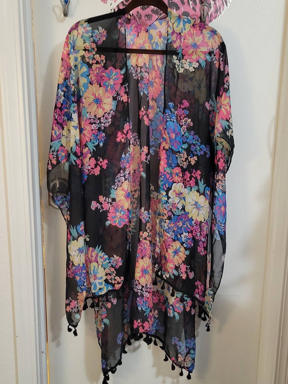 Sheer Black Floral Kimono Cover-Up with Tassels